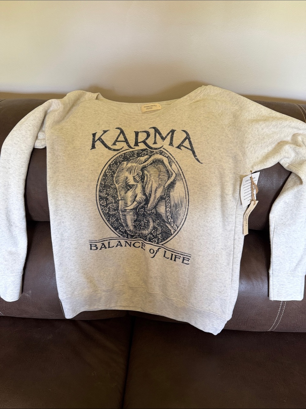 Ocean Drive Light Gray 'KARMA' Graphic Crewneck Sweater
